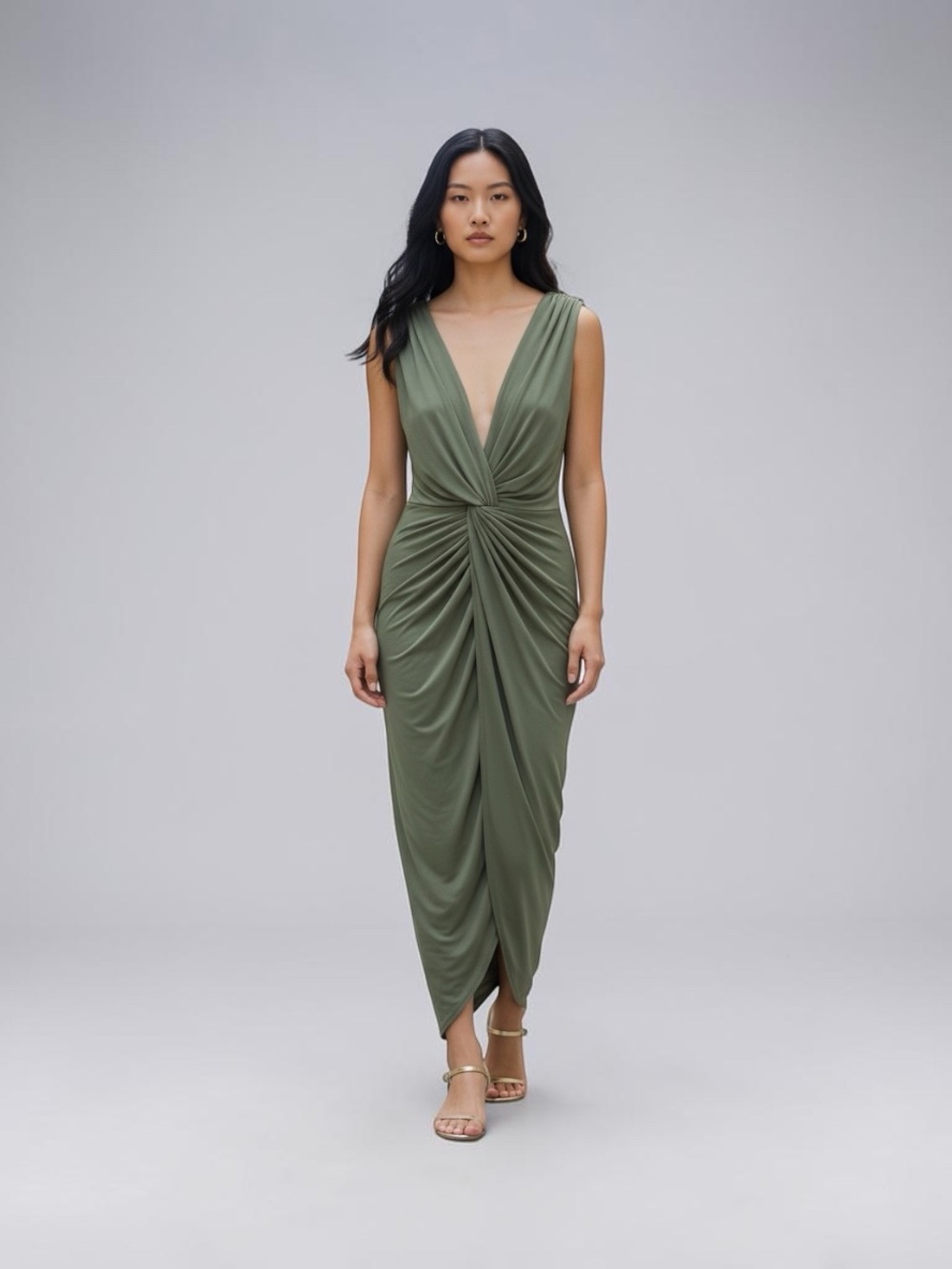 Misa Los Angeles Olive Twist-Front Plunge Maxi Dress